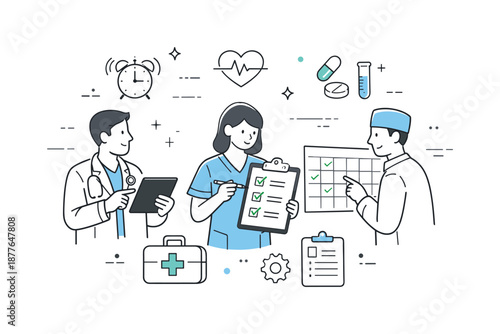 Streamlined Clinical Coordination. Clinical process improvement. Medical staff coordinating tasks with checklists, tablets, and schedules, reducing delays and