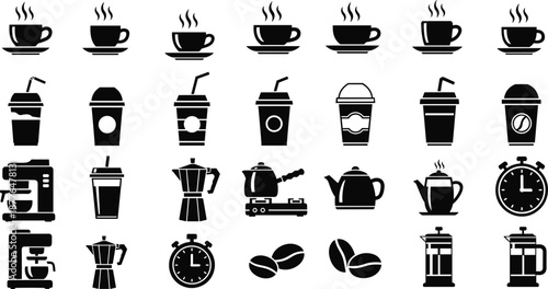 Coffee and Tea Icon Set with Cups, Kettles, Beans, Espresso Machines, French Press and Takeaway Cups, Black Silhouette Beverage Collection Design