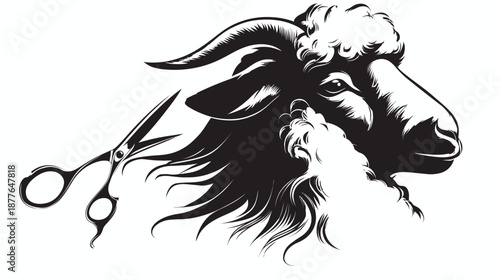 A black and white illustration of a sheep head with curved horns, with scissors beside it
