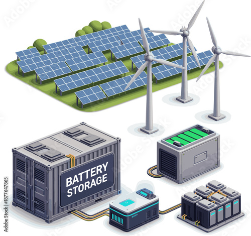 Create a kinds of deferent Energy storage systems with Solar farm and windmills. Battery container, renewable battery storage concept. 3d render vector art with white background..