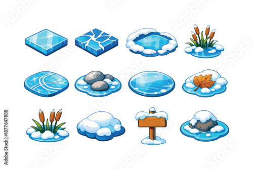 Frozen Pond Icons. Frozen pond. Colorful isometric vector icons set of frozen pond: ice sheet tile, ice cracks, snow-dusted edges, reeds in frost, skate marks,