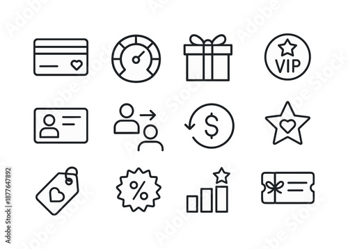 Customer Loyalty Icons. Customer loyalty programs. Line icon set of Customer loyalty programs: rewards card, points meter, gift box, VIP badge, membership