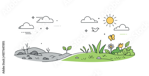 Gray to Green Transformation. Gray to green color transition. A simple landscape transforming from gray ground into green plants and grass. Gentle