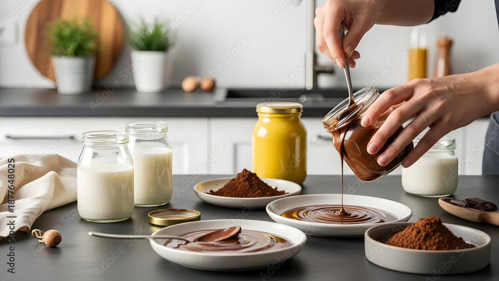 Obraz premium Preparing Chocolate Desserts in Modern Kitchen.