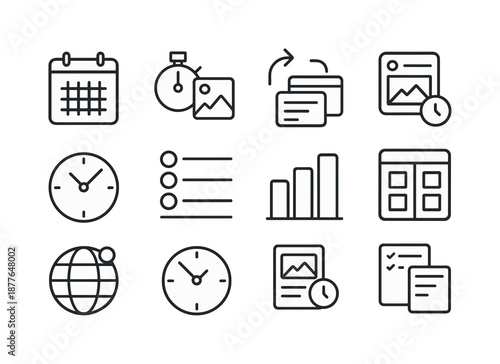 Social Scheduling Icons. Social Scheduling. Line icon set of Social Scheduling: calendar icon, post timer, auto publish, post preview, time slot, queue list,