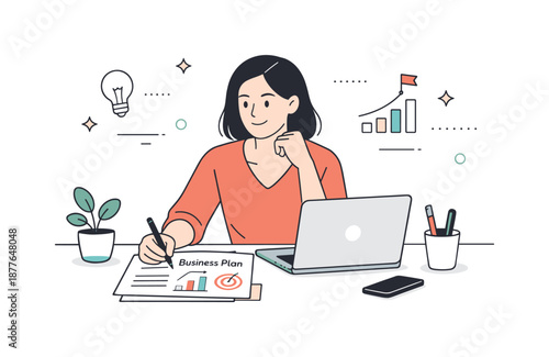 Confident Businesswoman at Desk. Empowered female entrepreneur. Woman working at a desk with a laptop and business plan, making focused decisions