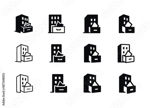 Building Icon Set. building opening a jammed drawer. Icon set. Set Logo of building opening a jammed drawer: drawer with stuck file icon. harmonious logo