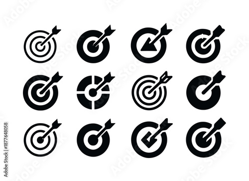 Fitness Logo Set. Fitness targets. Icon set. Set Logo of Fitness targets: Bullseye goal marker: Minimal outline, Filled silhouette, Abstract geometric,