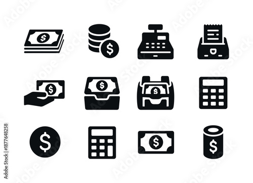 Iconic Cash Elements. Counting cash. Solid icon set of counting cash: stack of bills, coin pile, cash register, money counter machine, hand with money, cash