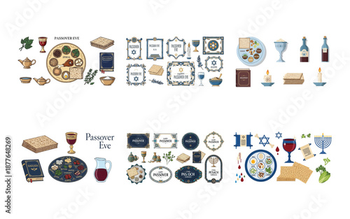 Colorful Passover Eve Celebration with Seder Plate and Ritual matzah wine