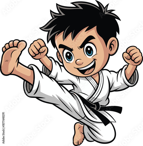 Cute Boy Practicing Karate Kick, Happy Martial Arts Kid in White Uniform, Action Cartoon Illustration for Sports Training, Self Defense, Fitness and Childhood Activity Concept