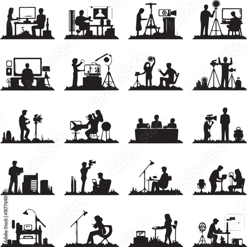 Silhouette icons of people working in film and television production