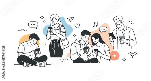 Modern Smartphone Interaction. People using smartphones daily life. Mixed group absorbed in their phones, quiet moments and shared contemporary lifestyle with