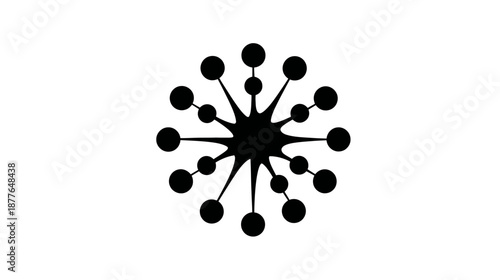 Black abstract radial design on white background, featuring connected circles and central irregular shape