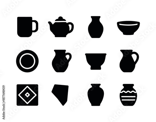 Black Ceramic Icon Set. Ceramic items. Solid icon set of ceramic items: ceramic mug, teapot, vase, bowl, plate, small jug, clay cup, pitcher, ceramic tile,