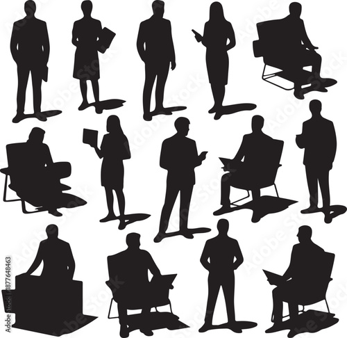 set of business people silhouettes in various poses on white