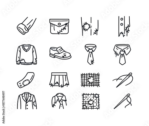 Worn-Out School Icons. Worn-out school uniforms. Line icon set of worn-out school uniforms: faded shirt sleeve, torn pocket flap, threadbare knee, missing