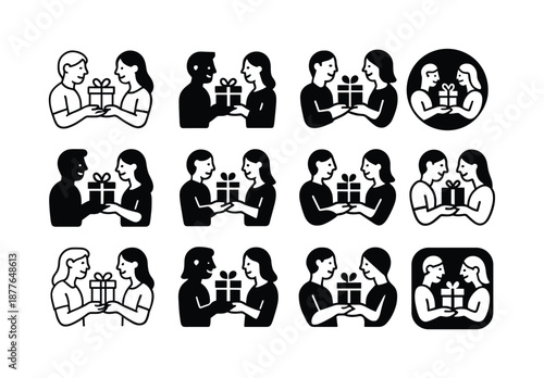 Gift Exchange Icons. happy couple exchanging thoughtful gifts. Icon set. Set Logo of happy couple exchanging thoughtful gifts: gift exchange hands. harmonious