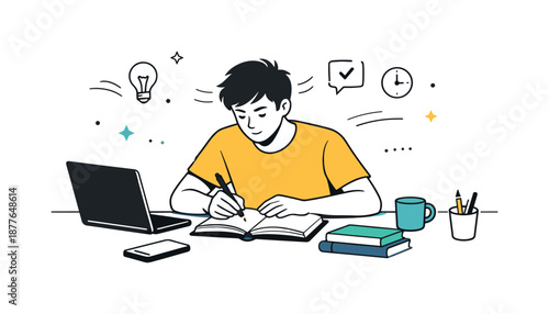 Deep Work Focus. Focused work session. An individual working deeply at a desk with minimal distractions. Concentration and flow, gentle motion lines