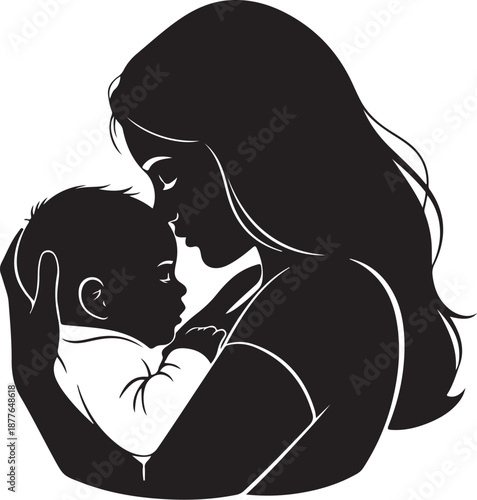 Mother holding and kissing her sleeping baby lovingly tight