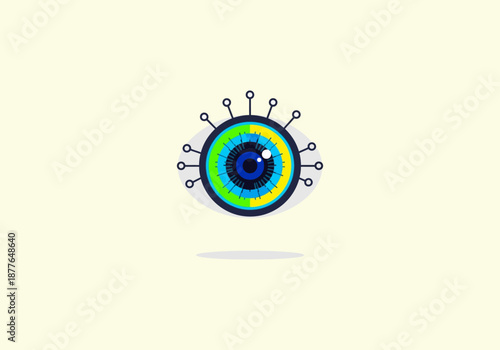 Vector Flat Concept Futuristic Eye Icon with Circuitry, Vibrant Colors, and Geometric Design Elements.