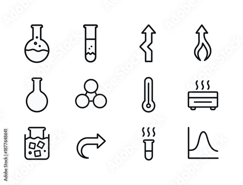 Chemistry Reaction Icons. Chemistry reactions. Line icon set of Chemistry reactions: bubbling flask, precipitate symbol, endothermic arrow, exothermic arrow,