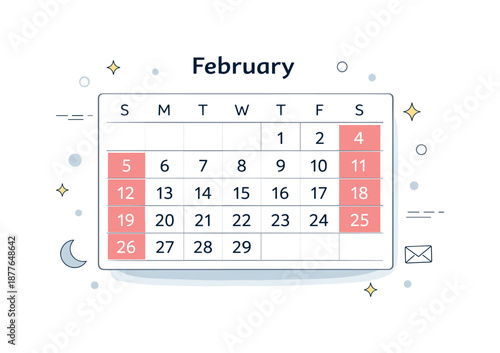 Minimalist February Calendar. February Dates Layout. A floating calendar grid with highlighted weekends and soft decorative dots. The mood is structured, tidy,