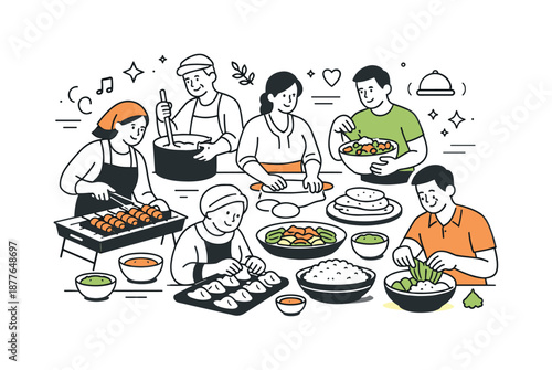 Traditional Feast Preparation. People preparing traditional food celebration prep. Several dishes being prepared at once for a festive meal. Anticipation,