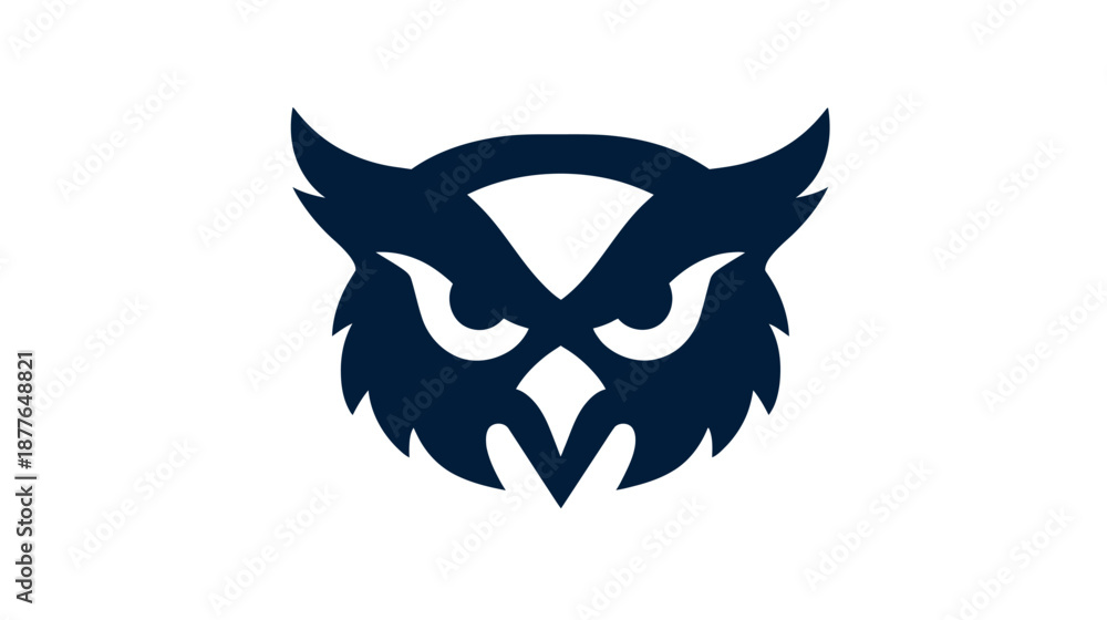 Fototapeta premium A stark, dark blue owl silhouette centered on a white background, evoking a sense of wisdom and watchfulness