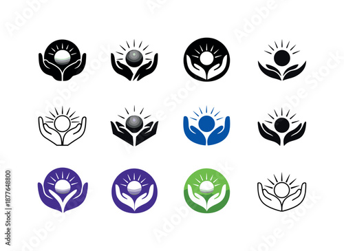Therapeutic Touch Logos. Therapeutic touch. Icon set. Set Logo of therapeutic touch: radiating calm sphere. harmonious logo variations: Filled silhouette,