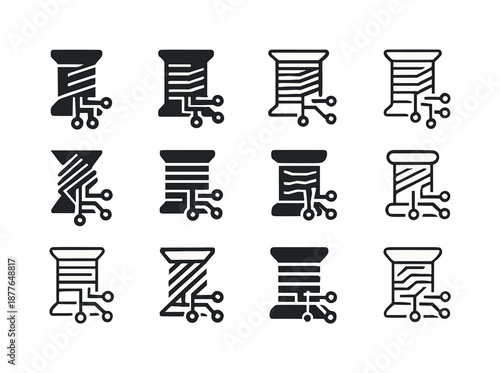 Smart Textiles Icon Set. Smart textiles. Icon set. Set Logo of smart textiles: conductive thread spool. harmonious logo variations of the same emblematic