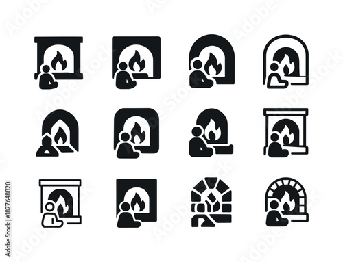 Fireplace Icon Set. People enjoying a warm fire in the fireplace. Icon set. Set Logo of people enjoying a warm fire in the fireplace: fireplace glow and