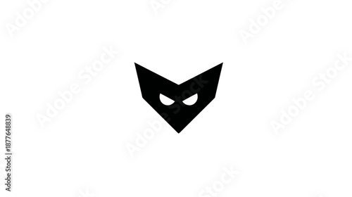 A stylized black geometric shape with two oval eyes centered in a white background
