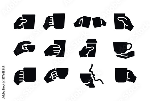 Hand Gestures with Drinks. Hand gestures with drinks. Solid icon set of hand gestures with drinks: holding cup, lifting mug, cheers gesture, grip outline,