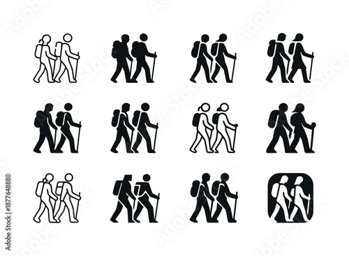 Family Hiking Logos. family hiking together. Icon set. Set Logo of family hiking together: family silhouette with backpacks. harmonious logo variations of the
