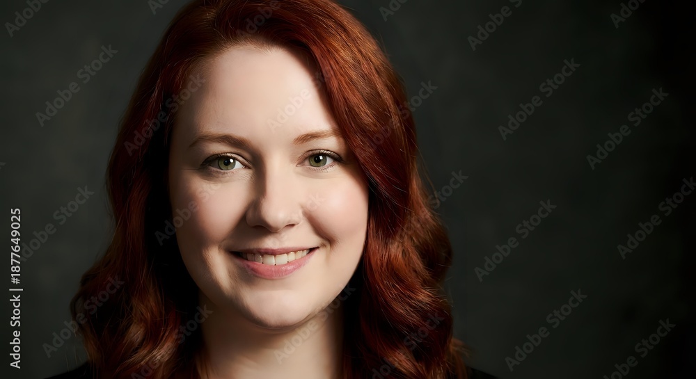 Fototapeta premium Professional headshot of smiling Caucasian woman with red hair against dark background for corporate branding and marketing materials.