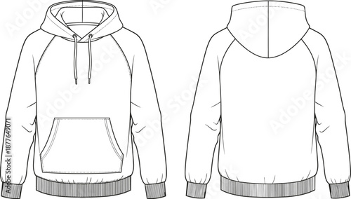 Hoodie Front and Back View, Casual Pullover Sweatshirt Mockup, Long Sleeve Hooded Jacket Design Template for Fashion Apparel Technical Illustration