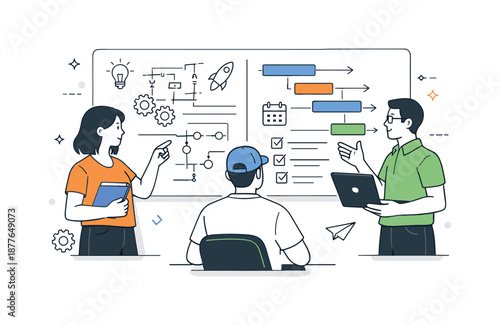 Team Engineering Planning. Engineering team planning. Team members reviewing schematics and timelines on a board. Structured thinking, clarity and shared