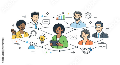 Diverse Professional Connections. Professional networking community. Diverse professionals linked by abstract lines and icons, symbolizing connections. Sense