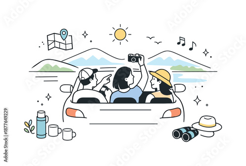 Minimalist Road Trip. Travel adventure by car. A group enjoying the road ahead, sharing moments and scenery along the drive. Calm travel rhythm and friendly