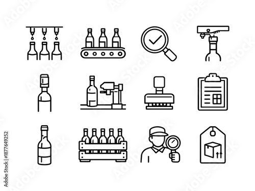 Wine Bottling Icons. Wine Bottling Process. Line icon set of Wine Bottling Process: bottle filling nozzle, conveyor belt, quality check symbol, cork insertion,