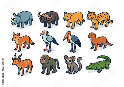 African Wildlife Icons. African wildlife. Colorful isometric vector icons set of African wildlife: rhino, buffalo, lioness, leopard, jackal, secretary bird,