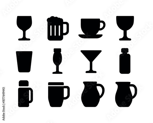 Black Drinkware Icons. Drinkware. Solid icon set of drinkware: wine glass, beer mug, teacup, goblet, tumbler, champagne flute, cocktail glass, water bottle,