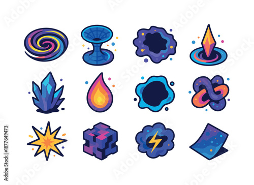 Colorful Cosmic Icon Set. Cosmic anomalies. Colorful isometric vector icons set of cosmic anomalies: time distortion swirl, unstable wormhole, dark rift,