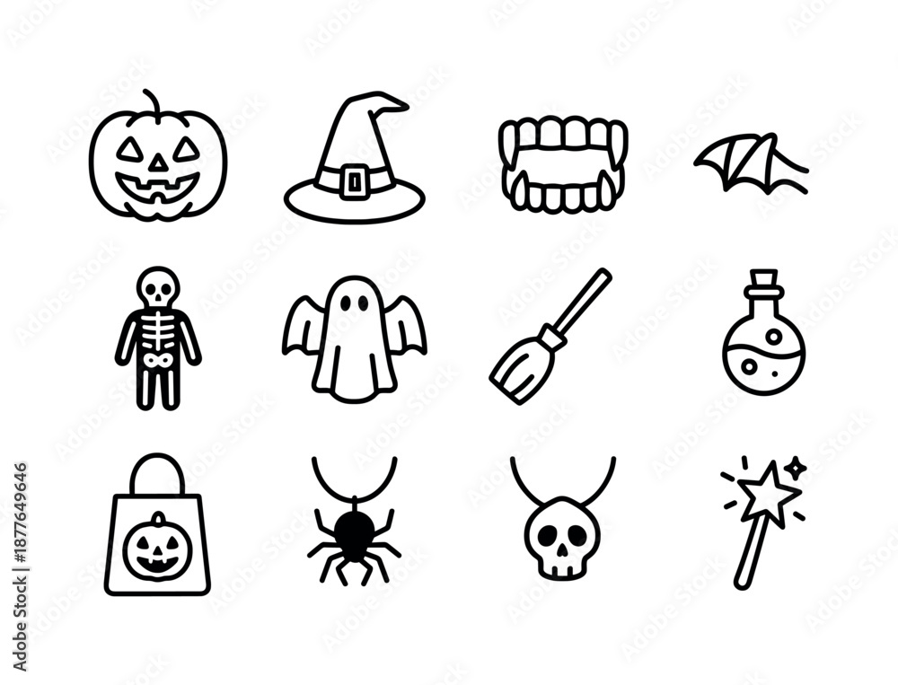 Fototapeta premium Halloween Costume Icons. Halloween costume outfit. Line icon set of Halloween costume outfit: pumpkin mask, witch hat, vampire teeth, skeleton suit, bat wings,