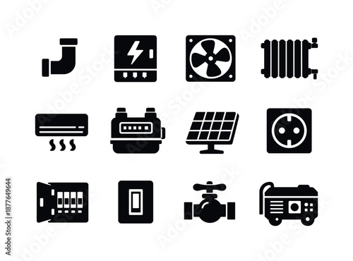 Building Utilities Icons. Building utilities. Solid icon set of building utilities: water pipe, electrical panel, ventilation fan, heating radiator, air