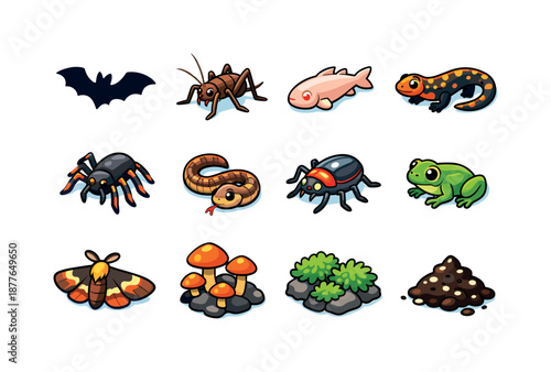 Cave Wildlife Icons. cave wildlife. Colorful isometric vector icons set of cave wildlife: bat silhouette, cave cricket, blind fish, salamander, spider, small