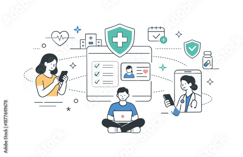 Digital Health Accessibility. Digital health insurance platform. Abstract scene showing people connected to insurance services through clean interfaces and