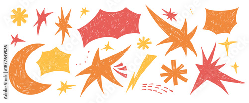 Hand-drawn star, moon, bangs doodles with crayon texture. Yellow sketch elements for creative designs. Hand-crafted stars, asterisk, crescent perfect for kids projects. Vector twinkle isolated no bg.