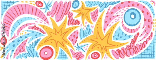 Stars and arrows cutout abstract geometric shapes background. Geometry and freeform collage naive doodle figures. Scrapbook twinkle stickers with irregular blob shapes. Vector illustration isolated.